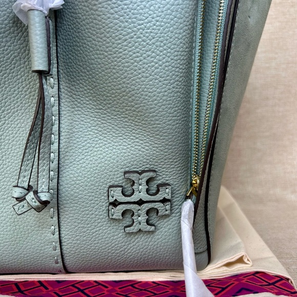 NWT Tory Burch McGraw Drawstring Bag – Blue Celadon Leather & Suede - Picture 4 of 14